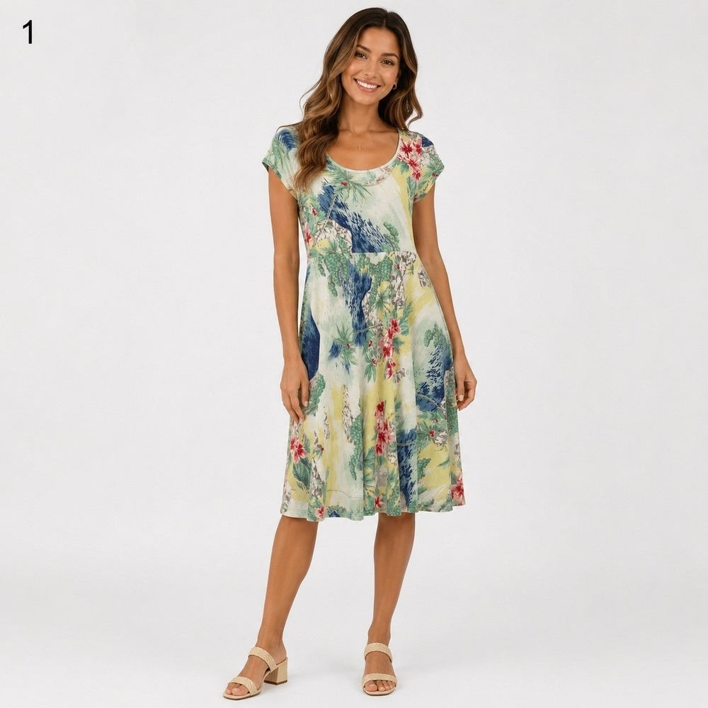 CHAPS T-Shirt Dress Womens Small Muticolor Tropical Print Cotton Cap Sleeve